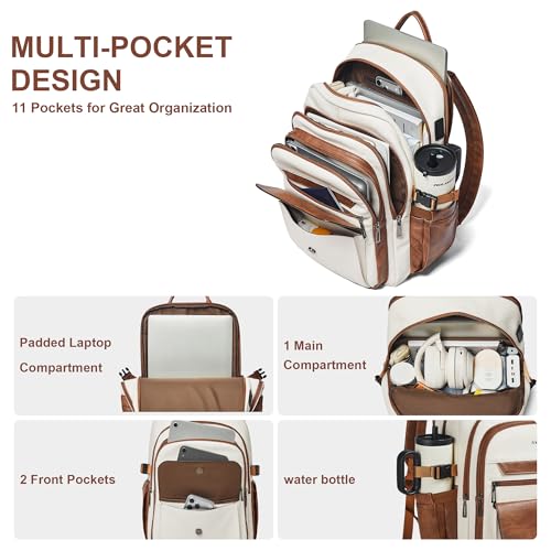 Vegan Leather Backpack, TSA Travel Backpack for Men and Women, Fits 17.0 Inch Notebook with Luggage Strap and USB Port, Beige - color: Beige