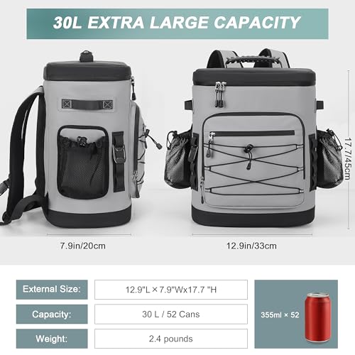 Large 52cans Cooler Backpack, Insulated, Waterproof, Leak Proof, 30L Large Capacity - color: Grey, Black Zipper