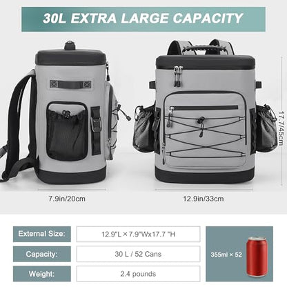 Large 52cans Cooler Backpack, Insulated, Waterproof, Leak Proof, 30L Large Capacity - color: Grey, Black Zipper