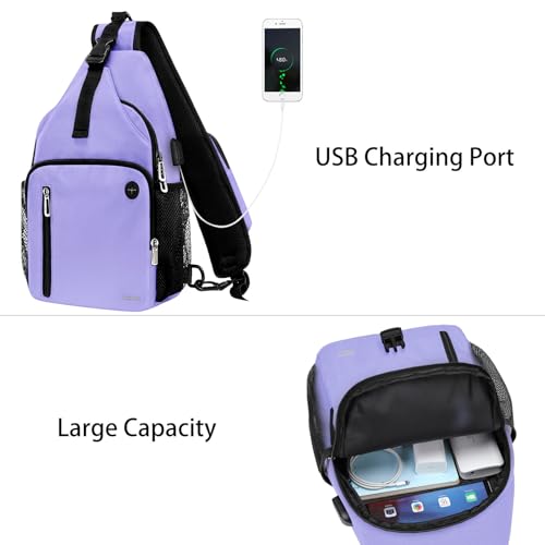 MOSISO Sling Backpack Bag, Crossbody Shoulder Bag Travel Hiking Daypack Chest Bag with Front Square Pocket&USB Charging Port - color: Lilac