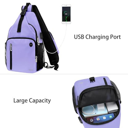 MOSISO Sling Backpack Bag, Crossbody Shoulder Bag Travel Hiking Daypack Chest Bag with Front Square Pocket&USB Charging Port - color: Lilac