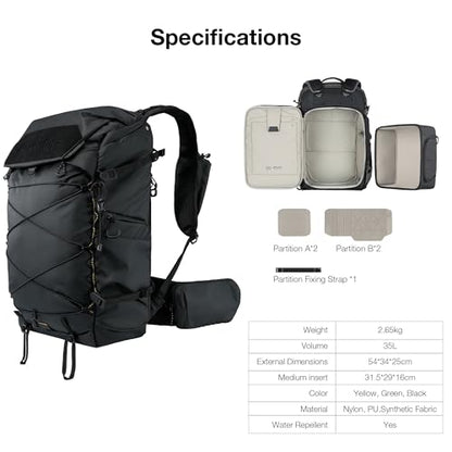 LEOFOTO 35L Camera Backpack for Photographer, Lightweight Waterproof Travel Camera Bag for Camera/Drone/15.6" Laptop, Photopraphy Bag with Side Access & Rain Cover, Tripod Compatible, 2.65KG - BLACK - color: 35l-bag+medium Insert-black