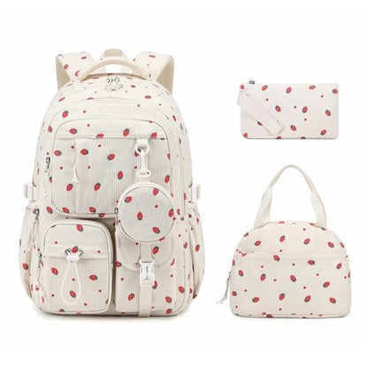 MOONBABY Girls Backpack, Kids Backpack for Girls, School bag for Primary Elementary Teenage, Middle School Students Bookbag - color: 3pcs-beige Strawberry