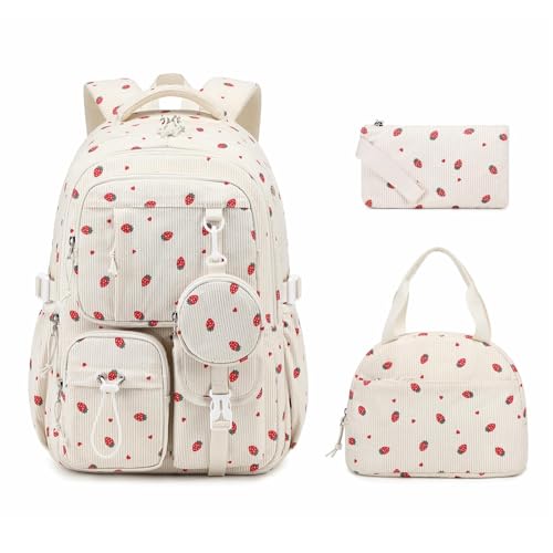 MOONBABY Girls Backpack, Kids Backpack for Girls, School bag for Primary Elementary Teenage, Middle School Students Bookbag - color: 3pcs-beige Strawberry