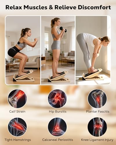 MoKo 2-in-1 Wooden Slant Board & Balance Board, 4 Adjustable Inclines Calf Stretcher for Knees, Ankles, Heels, Feet and Legs, Non-slip Stretch Boards Support up to 220lbs - color: Wood