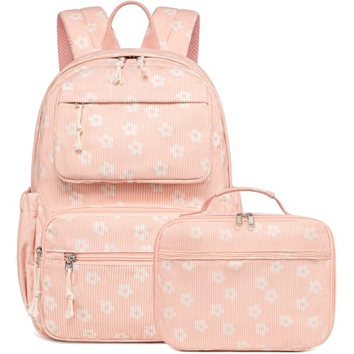 Bluboon Backpack for Girls Kids Preschool Backpack with Lunch Box Kindergarten Bookbag Toddler School Bags Set - color: Beige Flower Pink