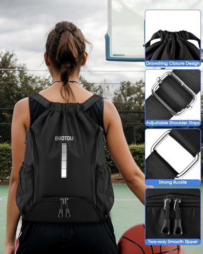 BROTOU Soccer Drawstring Backpack, Basketball Bag, Volleyball Football Bags with Ball and Shoe Compartment - color: Black