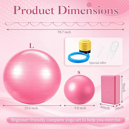 Pilates Set with 2 Yoga Exercise Balls (25.6”&9.8”), Yoga Block, Stretch Strap & Foot Pump, Stability Fitness Ball Kit for Home Gym Equipment Workout Pregnancy Physical Therapy - color: Pink