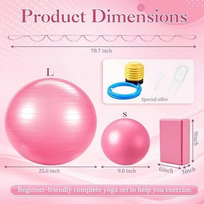Pilates Set with 2 Yoga Exercise Balls (25.6”&9.8”), Yoga Block, Stretch Strap & Foot Pump, Stability Fitness Ball Kit for Home Gym Equipment Workout Pregnancy Physical Therapy - color: Pink