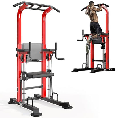 SogesHome Power Tower Pull Up Bar and Dip Station, Multi-Function Free Standing Pull Ups, Adjustable Height Dip Bar Strength Training Workout Equipment, Pull Up Stand Workout for Home Gym Exercise Equipment - color: Red