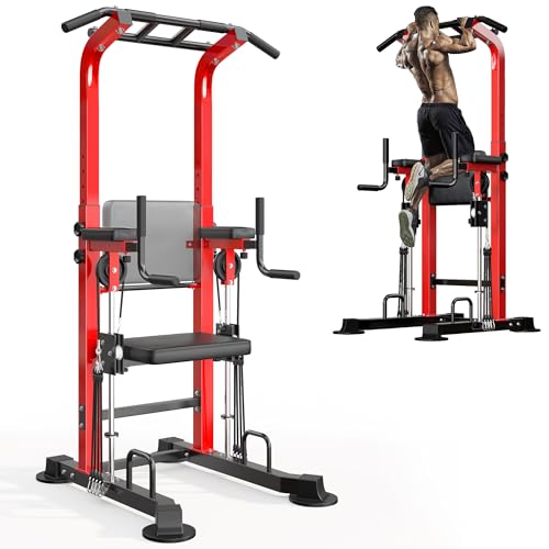 SogesHome Power Tower Pull Up Bar and Dip Station, Multi-Function Free Standing Pull Ups, Adjustable Height Dip Bar Strength Training Workout Equipment, Pull Up Stand Workout for Home Gym Exercise Equipment - color: Red