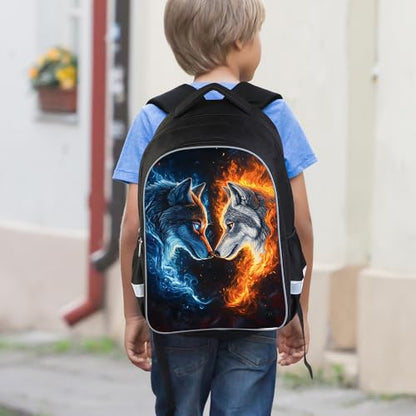 HiMagics Aesthetic School Backpack 3-in-1 Set for Kindergarten Teen Girls Boys - Laptop Bookbag with Insulated Lunch Box & Pencil Case Wolf Pattern - color: A04-wolf-set