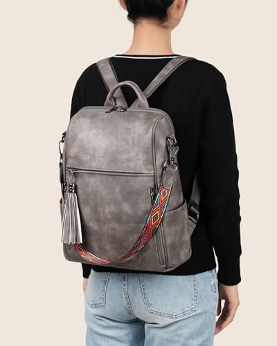 FADEON Leather Backpack Purse for Women Designer Travel Backpack Purses PU Fashion Ladies Shoulder Bag with Tassel - color: 1 Dark Grey Retro Style