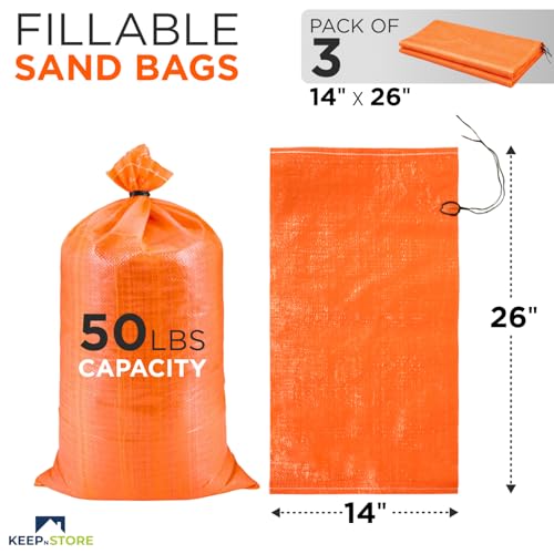 Heavy Duty Sand Bags Pack of 3, Bright Orange Empty Sandbags with Built-In Ties, Woven Polypropylene UV Protection 1600 Hours, Fillable Bags for Flood Control, Weight, 14x26 inches, 50 Pounds Volume - size: 14"W x 26"L, style: Pack of 3