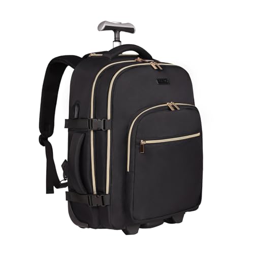 DEVPNR Rolling Backpack for Women, Travel Backpack with Wheels, Black | 17 Inch Wheeled Roller Laptop Bag for Adults, Carry On Underseat Luggage for College Business Work Overnight Travel - color: Elegant Black
