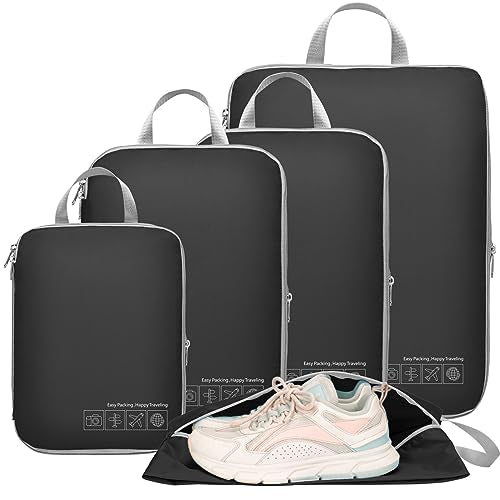Cambond Compression Packing Cubes for Travel - Lightweight Expandable Travel Bags Luggage Organizers Travel Essentials Compression Cubes for Travel Space Saver for Carry on Suitcases Organizer - color: 04 Black, size: 5-Piece Set (Standard Business/Solo T