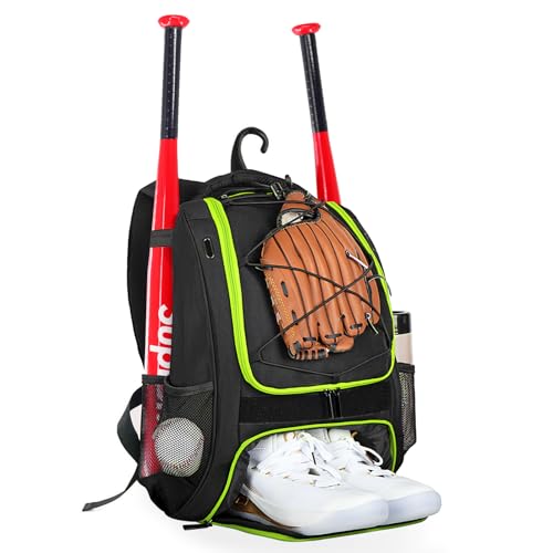 Goloni | Baseball Backpack,Baseball Bag for Adult,Softball Bat Bag with Shoes Compartment,Large Main Compartment for Helmet & accessories, Fence Hook - color: Lemon green