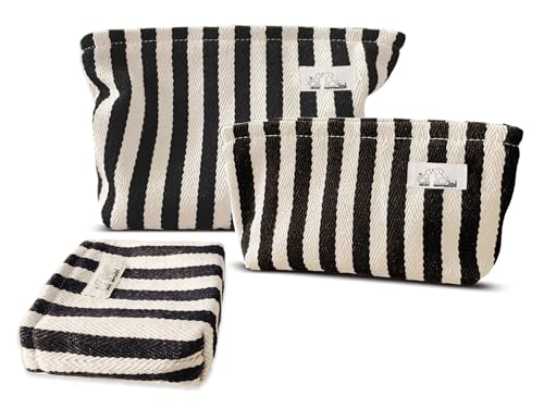 HAPPYHEIDI Black White Stripe Makeup Bag Set 3 with Compartment Cosmetic Toiletry Travel Pouch,Purse Accessory Organizer, 3-Size, Canvas Lined - color: Black White Stripped Set of 3 - w Compartment