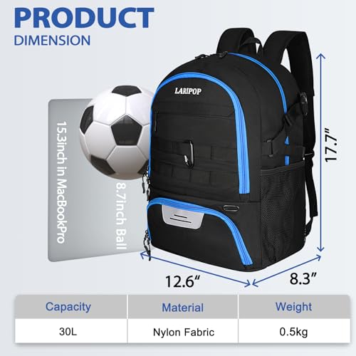 LARIPOP Soccer Backpack with Ball Holder & Shoe Compartment Large Capacity Sports Bag for Training - color: TR Blue
