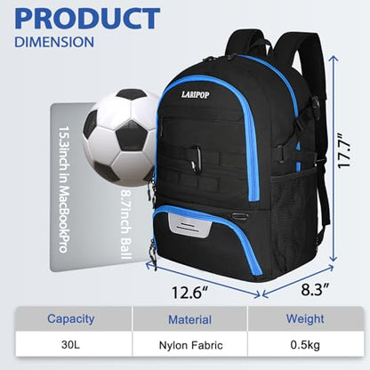 LARIPOP Soccer Backpack with Ball Holder & Shoe Compartment Large Capacity Sports Bag for Training - color: TR Blue