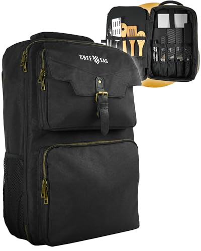 Chef Knife Backpack TRAVELLER - Patented Knife Retention Panels with Hook-and-Loop, Water Resistant 900D Polyester Canvas, YKK Zippers, Work Bag for Chefs & Culinary Students (Black)