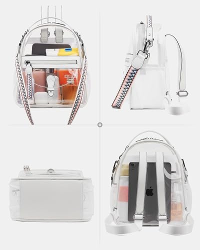 FADEON Clear Small Backpack Purse for Women, Designer Transparent Shoulder Handbag, PVC Mini Clear Bag for Stadium Approved - color: White Retro Style