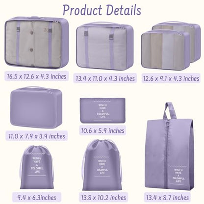 9 Set Packing Cubes for Travel Essentials - Lightweight Carry-On Luggage Organizer Bags with Shoe, Clothes & Laundry Bags for Airplane, Family & Business Travel, Purple - color: Purple