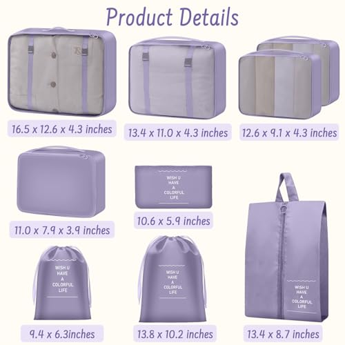 9 Set Packing Cubes for Travel Essentials - Lightweight Carry-On Luggage Organizer Bags with Shoe, Clothes & Laundry Bags for Airplane, Family & Business Travel, Purple - color: Purple