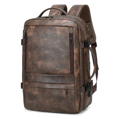 Travel Backpack for Men Women, PU Leather Carry On Backpack Flight Approved with Laptop Compartment, 40L Expandable Personal Item Travel Bag for Traveling Weekender Business (Coffee) - color: Coffee