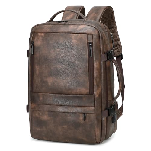 Travel Backpack for Men Women, PU Leather Carry On Backpack Flight Approved with Laptop Compartment, 40L Expandable Personal Item Travel Bag for Traveling Weekender Business (Coffee) - color: Coffee