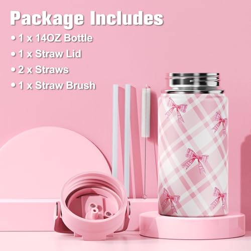 Bevalsa Backpack for Girls, Bow Plaid Bookpack with 14oz Insulated Water Bottle, Lunch Bag & Pen Case, Schoolbag for Kids & BPA-FREE Stainless Steel Metal Cup for Elementary Middle Student (Pink) - color: Pink Plaid