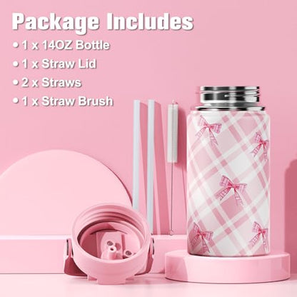Bevalsa Backpack for Girls, Bow Plaid Bookpack with 14oz Insulated Water Bottle, Lunch Bag & Pen Case, Schoolbag for Kids & BPA-FREE Stainless Steel Metal Cup for Elementary Middle Student (Pink) - color: Pink Plaid