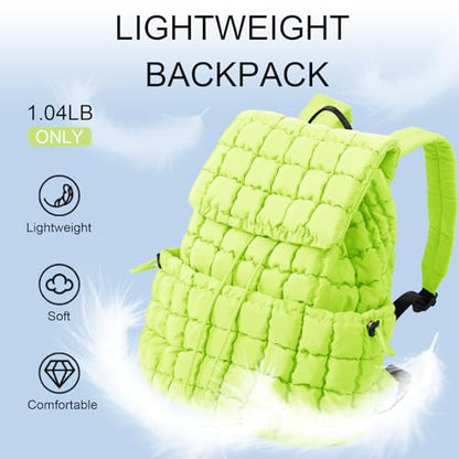 XSUIOY Quilted Backpack Purse for Women Small Lightweight Puffer Puffy College Laptop Backpack Nylon Casual Bookbag Daypack Top Flap Drawstring Padding Hiker Travel Gym Backpack(Green) - color: Green