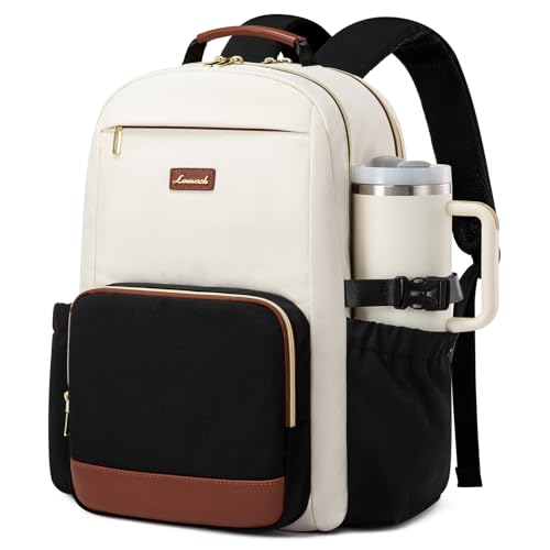 LOVEVOOK Laptop Backpack for Women with Pouch Pocket for Large Capacity Cup,17 Inch Laptop Computer Bag Travel Backpack Purse,Waterproof Work Business Backpack College Teacher Bags,Beige-Black-Brown - color: Beige - Black - Chestnut Brown, size: 17 Inch