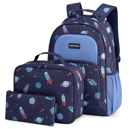 mommore Kids Backpack for Boys Girls 4-8 Kindergarten Elementary School Backpack with Lunch Box - 15” H Fit Folder - color: Galaxy, style: 3 Pcs
