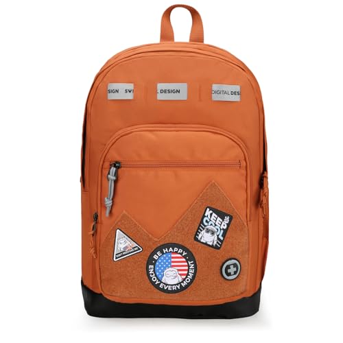 Swissdigital Design Big Student Laptop Backpack with Fun Personalized Patches For College Boy & Girl, Middle High School Teen Bookbag Cool Travel Daypack Orange - Includes 3 Patches | SD1718-33 - color: Burnt Orange