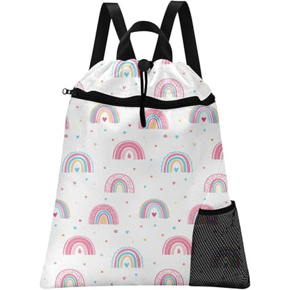 Rainbow Drawstring Backpack, 15” x 17” Waterproof Swim Bag for Beach Swimming Pool, Lightweight Foldable Gym Bag with Water Bottle Holder for Sports Travel - color: Rainbow
