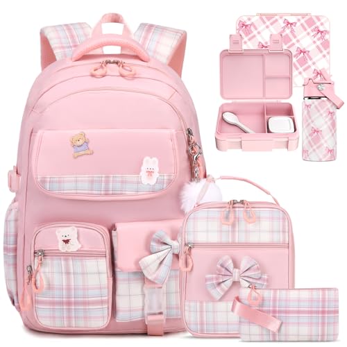 ACESAK 5PCS Backpack for Girls with Bento Box & 14oz Insulated Water Bottle - Cute School Girls Backpacks for Elementary Preschool Middle with Lunch Bag & Pencial Case, Back To School Gift (Pink) - color: Pink