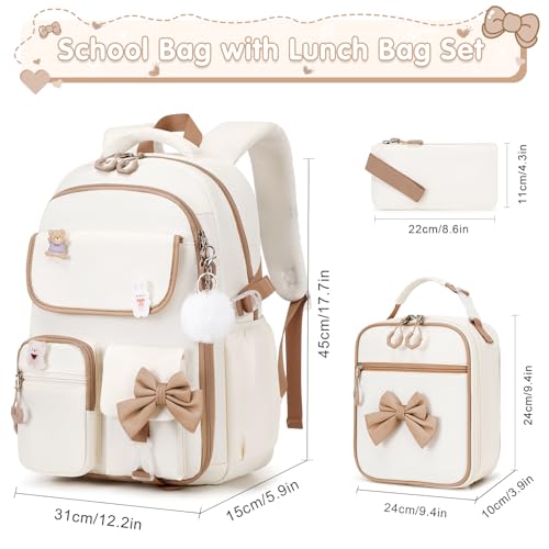 ACESAK Girls Backpack - 3PCS Backpack for Girls Cute School Backpacks for Girl Kindergarten Elementary Preschool Middle Kids School Bags with Lunch Box Pencil Case Set (Beige khaki) - color: Beige Khaki