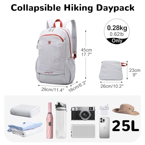 25L Lightweight Hiking Backpack with Chest Strap for Women Men, Foldable Daypack with Waterproof Wet Pocket for Travel, White - color: White