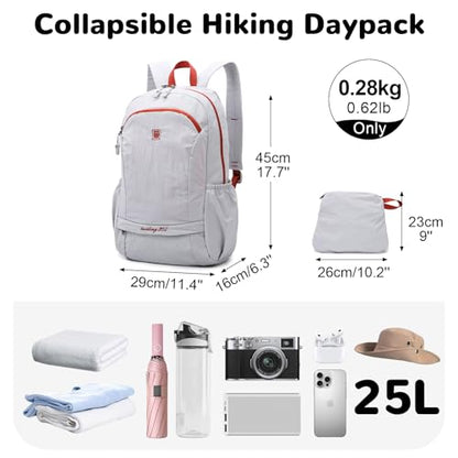 25L Lightweight Hiking Backpack with Chest Strap for Women Men, Foldable Daypack with Waterproof Wet Pocket for Travel, White - color: White