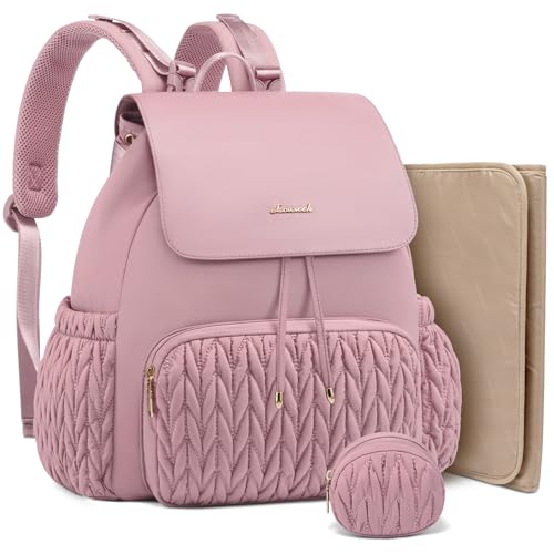 LOVEVOOK Diaper Bag Backpack, Small Baby Bag, Cute Baby Diaper Bag, Stylish Water-Resistant Travel Baby Bag for Mom, Baby Backpack with Changing Pad, Stroller Straps-Pink - color: Pink