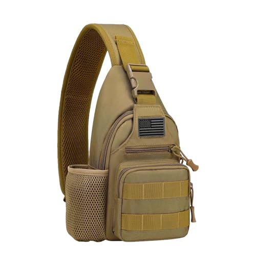 ZHIERNA Tactical Crossbody Bag for Men with Water Bottle Holder, MOLLE EDC Shoulder Sling Chest Bags with USB Charging Port for Travel Walk(Brown) - color: Brown