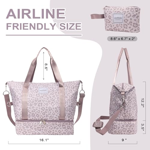 WOOMADA Weekender Bag for Women, Travel Duffel Bags with Shoe Compartment & Wet Pocket, Personal Item Bag for Airlines - color: Brown Leopard