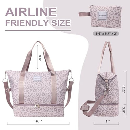 WOOMADA Weekender Bag for Women, Travel Duffel Bags with Shoe Compartment & Wet Pocket, Personal Item Bag for Airlines - color: Brown Leopard