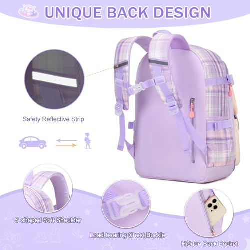 FIXITOK Girls Backpack Set, 3PCS Kids Backpack for Girls, Kawaii Bunny School Backpacks for Girl Kindergarten Elementary Preschool Middle School Bags with Lunch Box Pencil Case Purple-Plaid - color: Purple-plaid