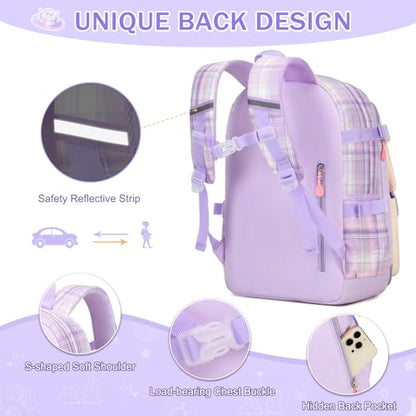 FIXITOK Girls Backpack Set, 3PCS Kids Backpack for Girls, Kawaii Bunny School Backpacks for Girl Kindergarten Elementary Preschool Middle School Bags with Lunch Box Pencil Case Purple-Plaid - color: Purple-plaid