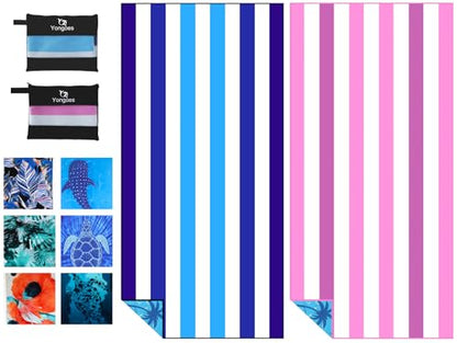 Yongoes 2 Pack Microfiber Lightweight Thin Beach Towel Sand Free Quick Dry Super Absorbent Large Towels for Swimming Pool Yoga Gym Travel Vacation Beach Accessories Essentials Stripes - color: 2 Pack Blue Pink Multi