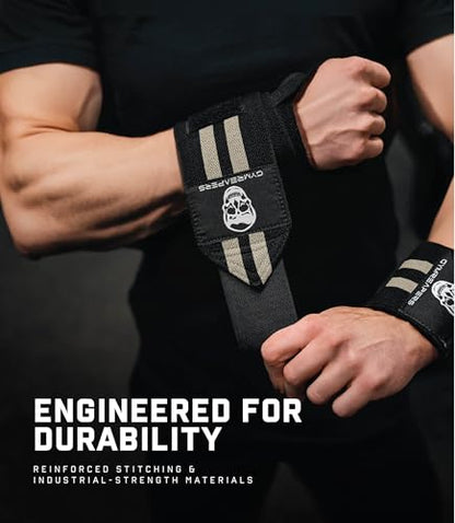 Gymreapers Weightlifting Wrist Wraps (IPF Approved) Professional Quality Wrist Support with Heavy Duty Thumb Loop - Best Wrap for Powerlifting Competition, Strength Training, Bodybuilding - color: Desert Sand
