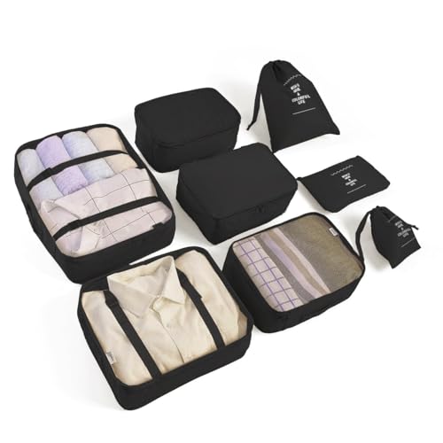 LANSKLBD 6/8 Set Packing Cubes for Suitcases Travel Luggage Packing Organizers,Travel Accessories Essentials Luggage Organizer with Shoe/Tioletry/Laundry Bag (Black, 8 set) - color: Black, size: 8 set